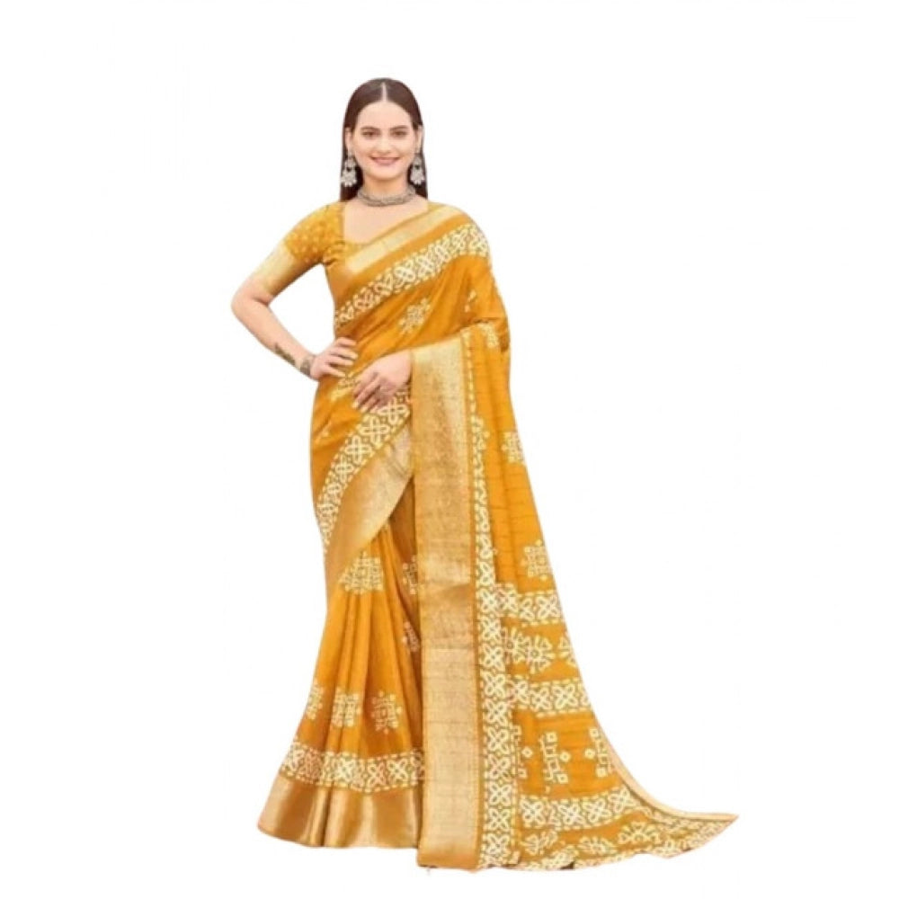 Women's Cotton Silk Printed Saree With Unstitched Blouse 5.5Mtr (Yellow)