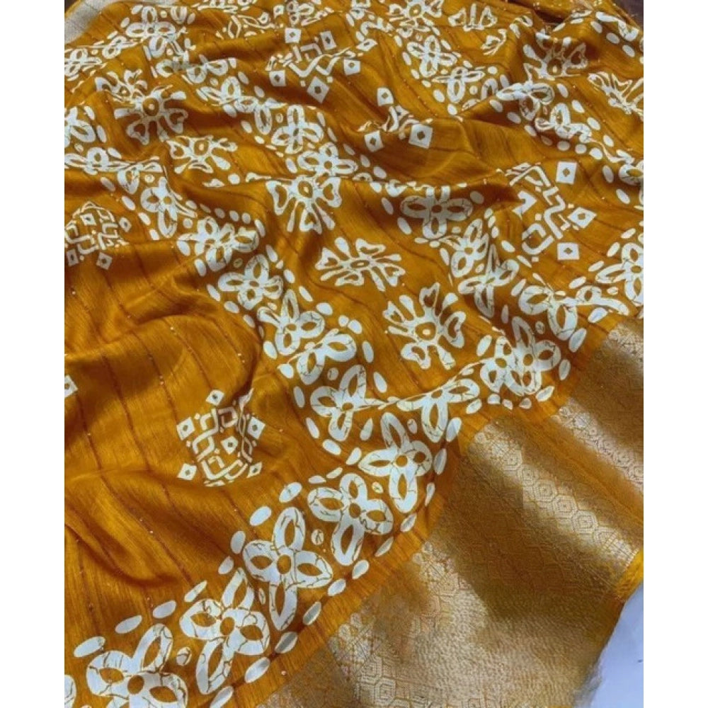 Women's Cotton Silk Printed Saree With Unstitched Blouse 5.5Mtr (Yellow)