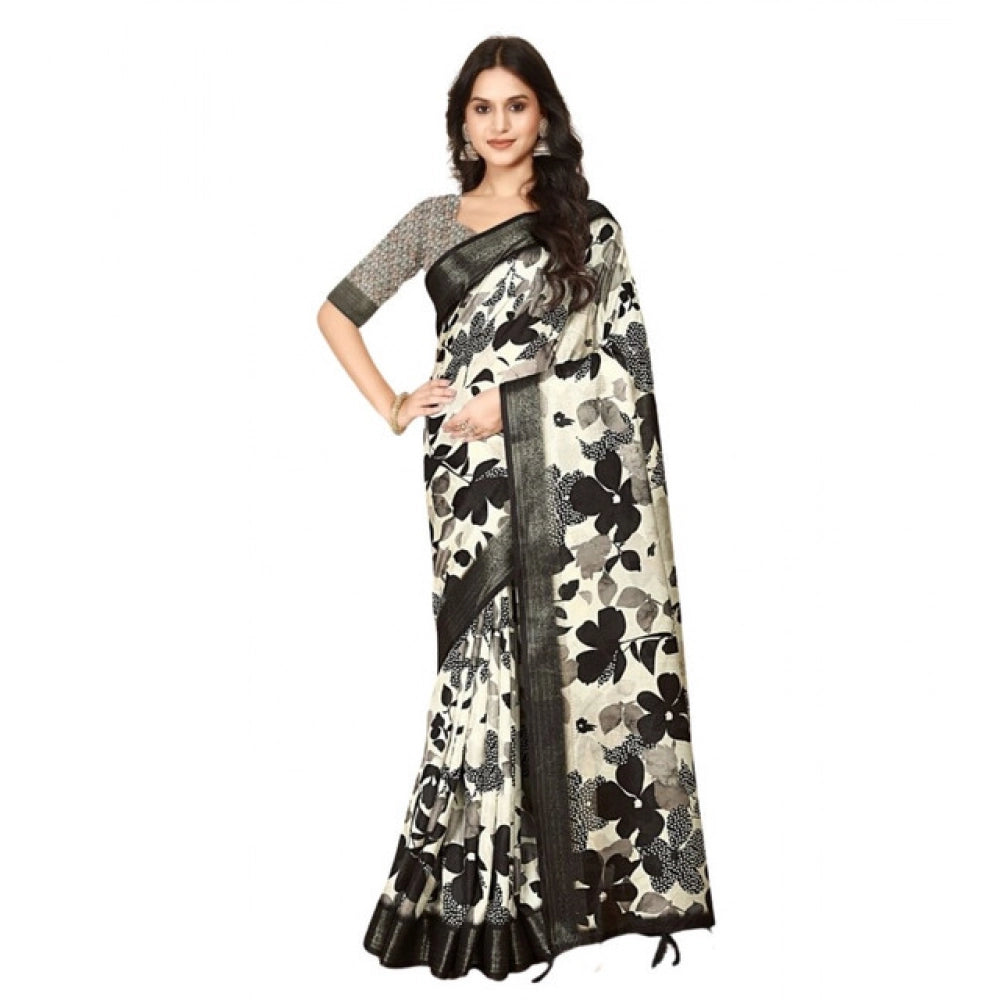 Women's Cotton Silk Floral Printed Saree With Unstitched Blouse 5.5Mtr (Multicolor)