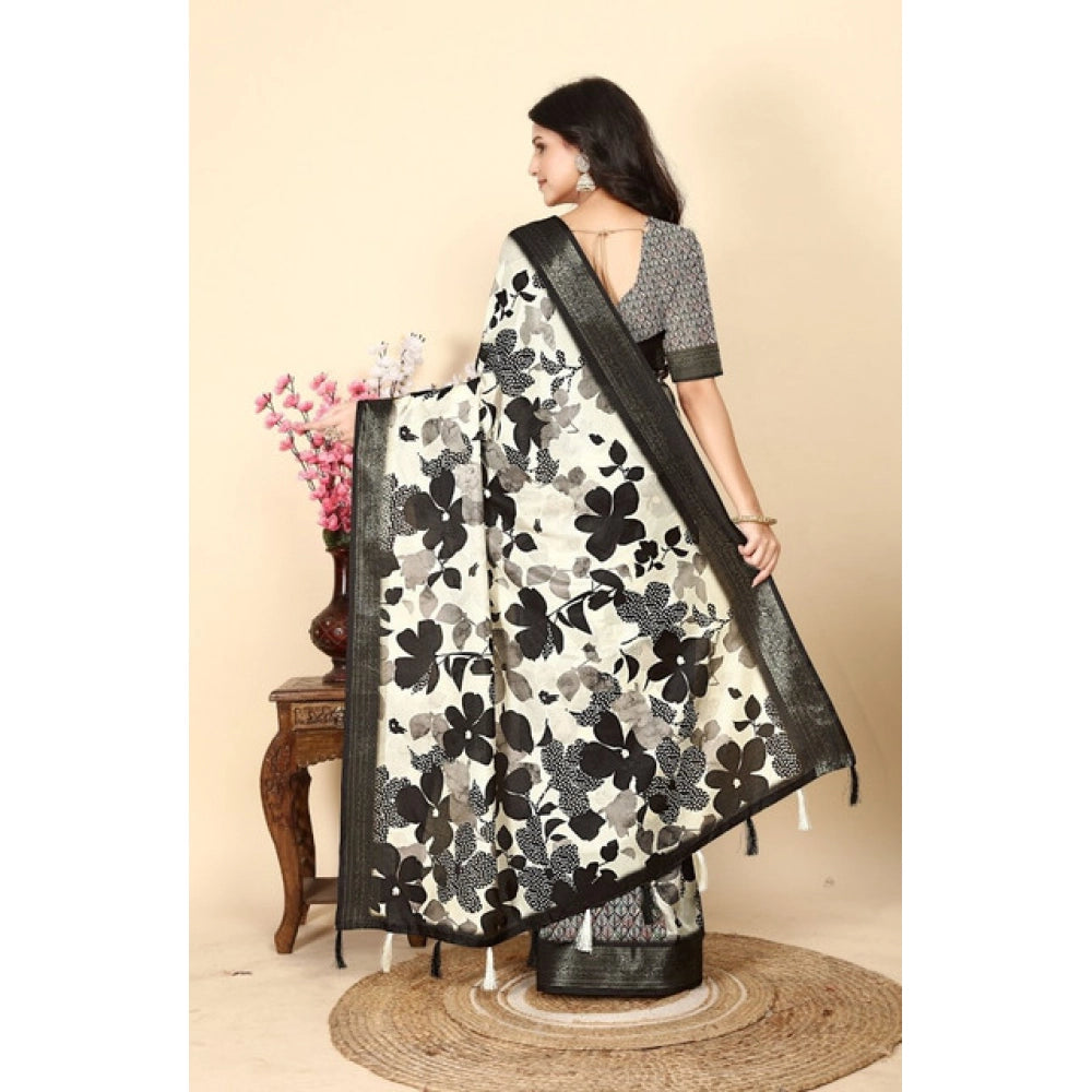 Women's Cotton Silk Floral Printed Saree With Unstitched Blouse 5.5Mtr (Multicolor)