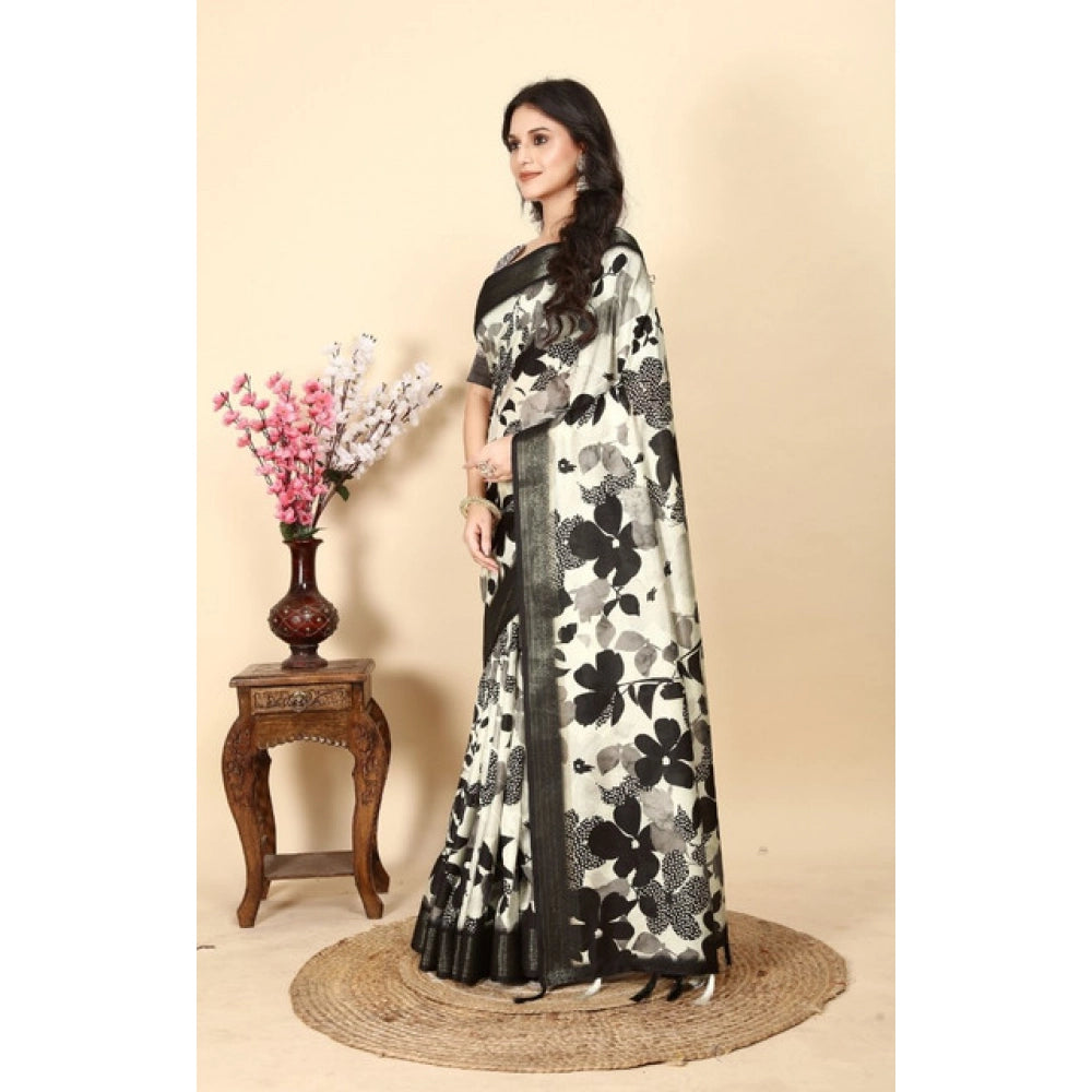 Women's Cotton Silk Floral Printed Saree With Unstitched Blouse 5.5Mtr (Multicolor)