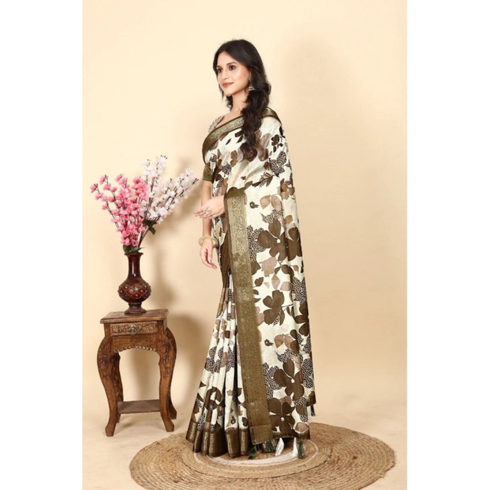 Women's Cotton Silk Floral Printed Saree With Unstitched Blouse 5.5Mtr (Multicolor)