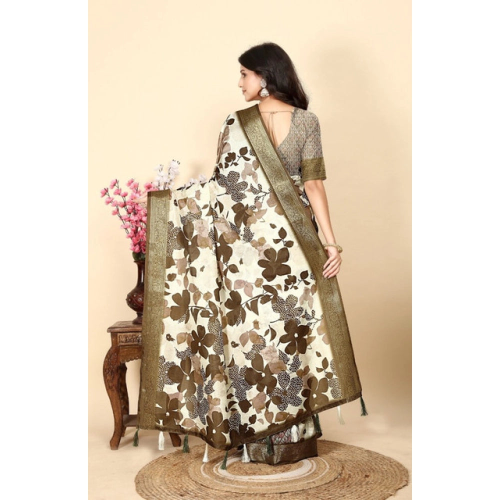 Women's Cotton Silk Floral Printed Saree With Unstitched Blouse 5.5Mtr (Multicolor)