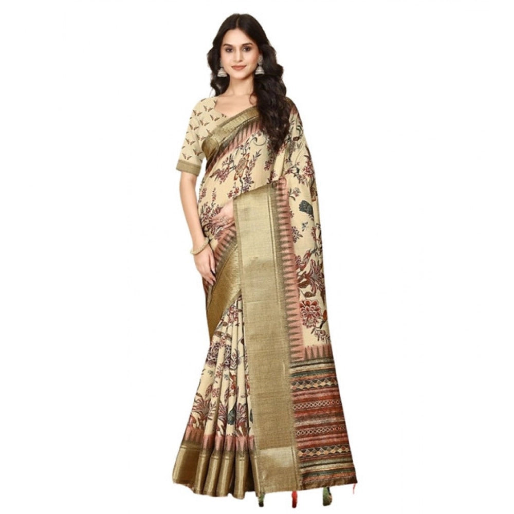 Women's Cotton Silk Printed Saree With Unstitched Blouse 5.5Mtr (Cream)
