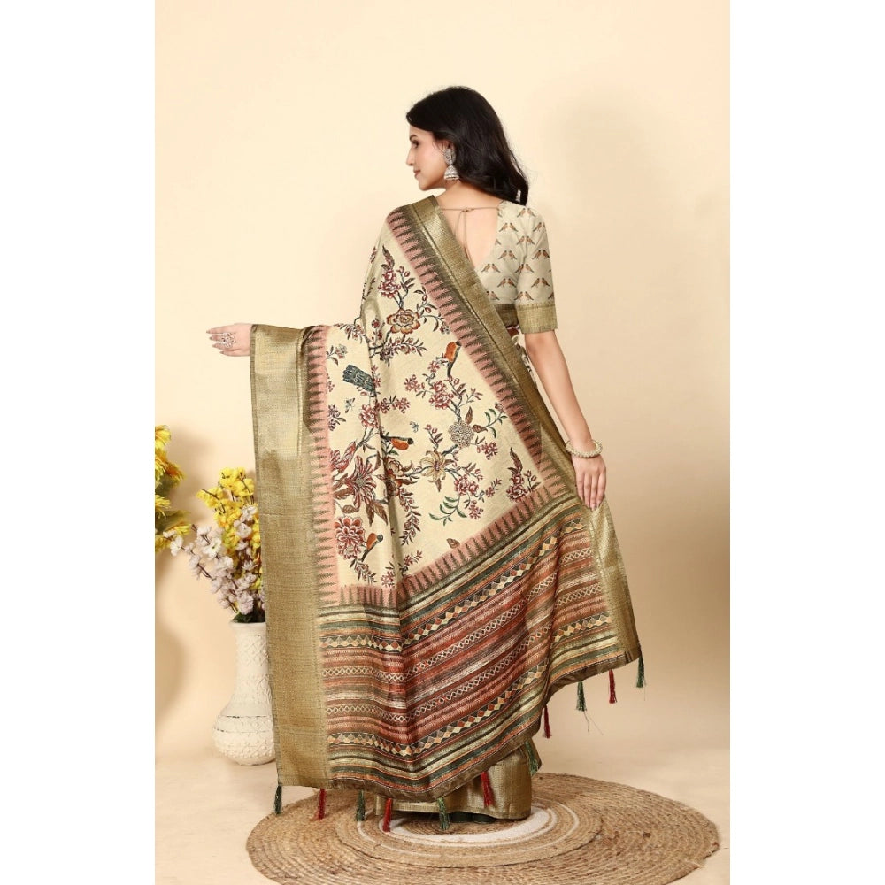 Women's Cotton Silk Printed Saree With Unstitched Blouse 5.5Mtr (Cream)