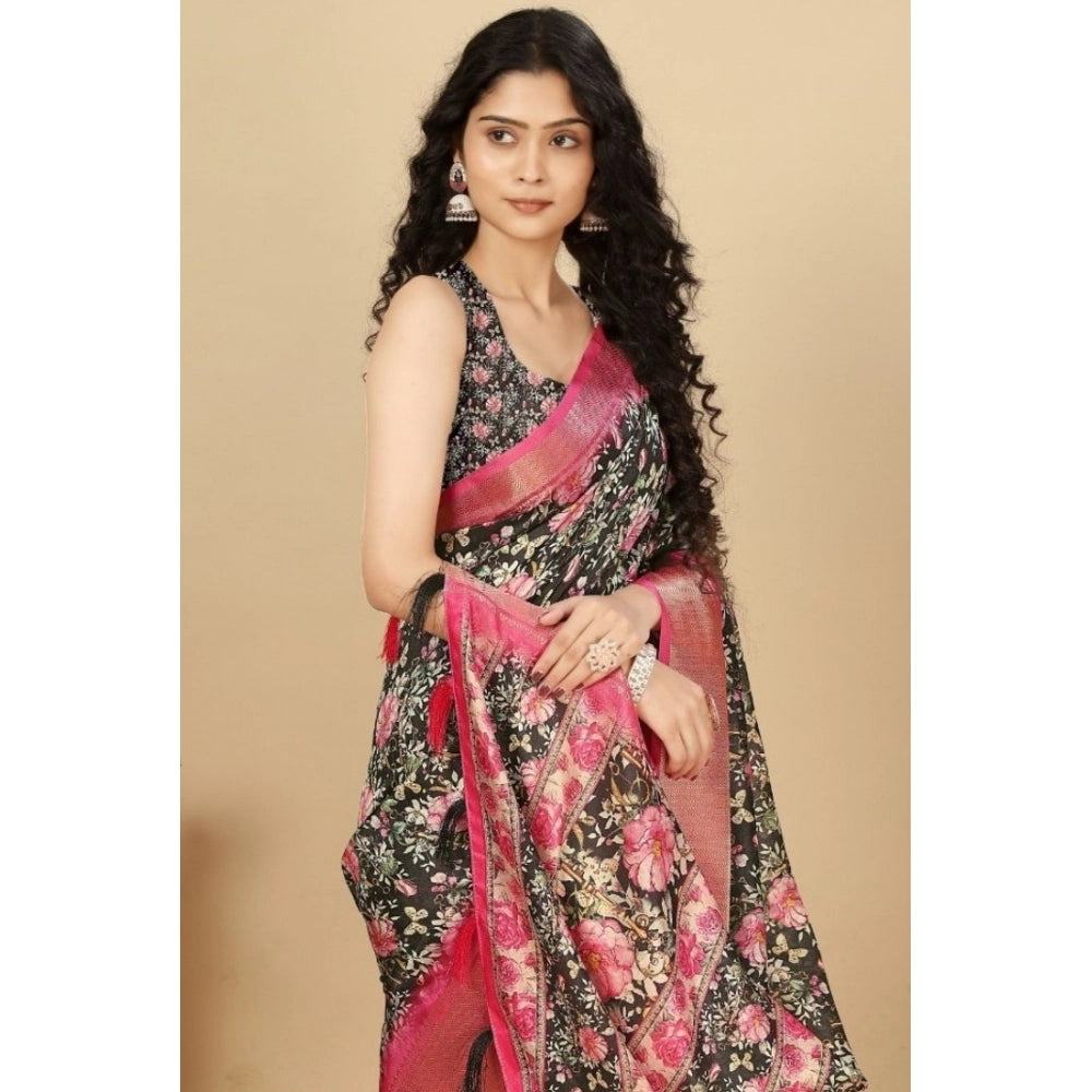 Women's Cotton Silk Floral Printed Saree With Unstitched Blouse 5.5Mtr (Black)