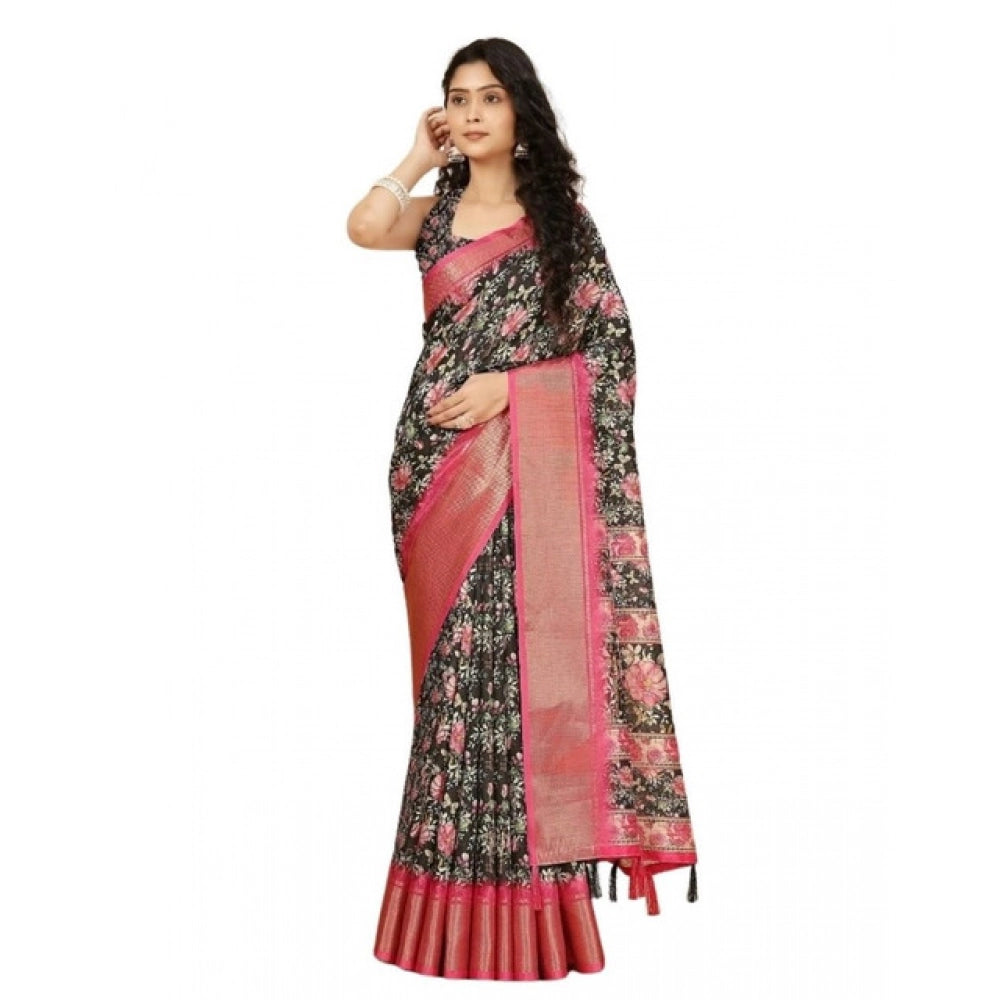 Women's Cotton Silk Floral Printed Saree With Unstitched Blouse 5.5Mtr (Black)