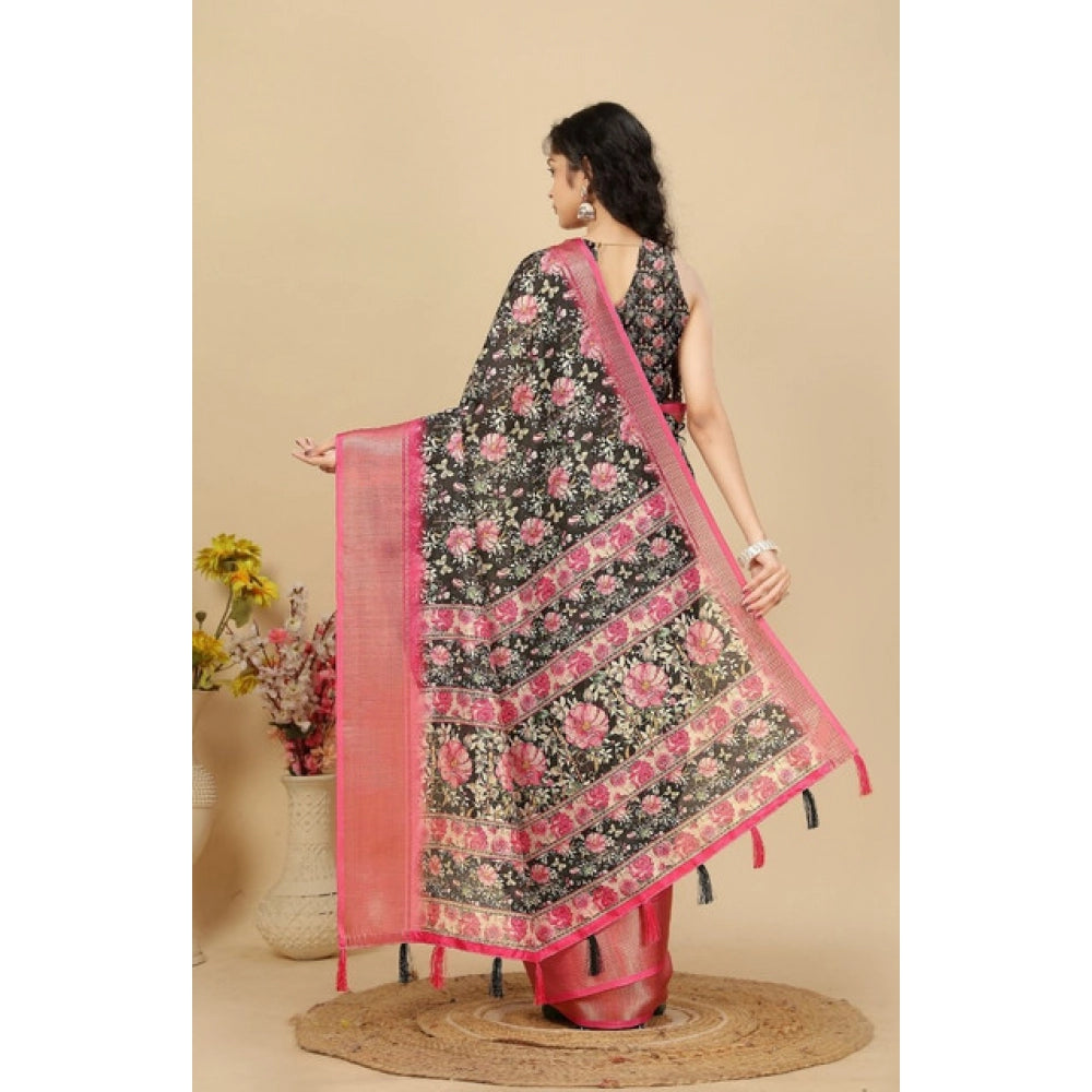 Women's Cotton Silk Floral Printed Saree With Unstitched Blouse 5.5Mtr (Black)