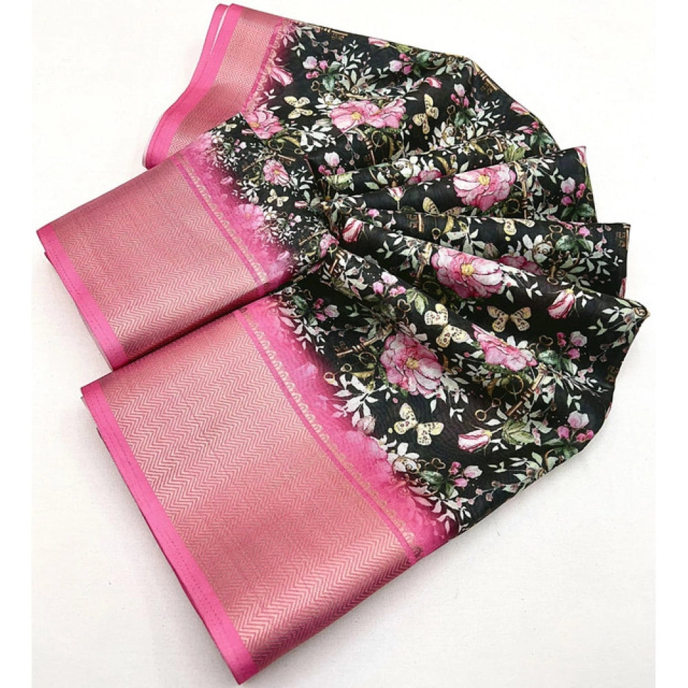 Women's Cotton Silk Floral Printed Saree With Unstitched Blouse 5.5Mtr (Black)