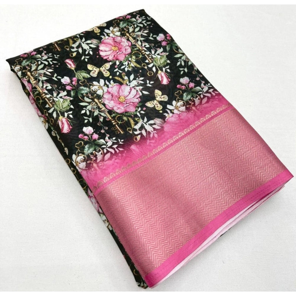 Women's Cotton Silk Floral Printed Saree With Unstitched Blouse 5.5Mtr (Black)