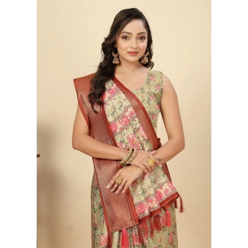 Women's Cotton Silk Floral Printed Saree With Unstitched Blouse 5.5Mtr (Gold)