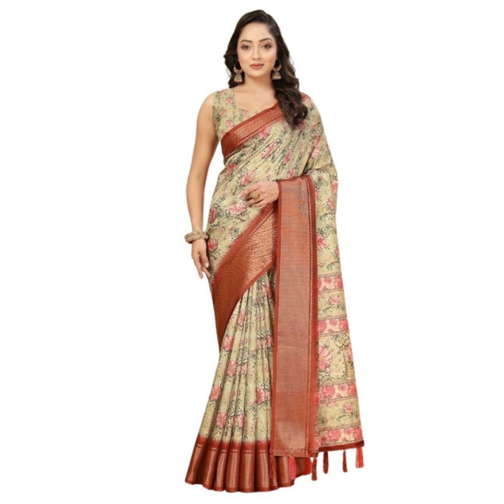 Women's Cotton Silk Floral Printed Saree With Unstitched Blouse 5.5Mtr (Gold)