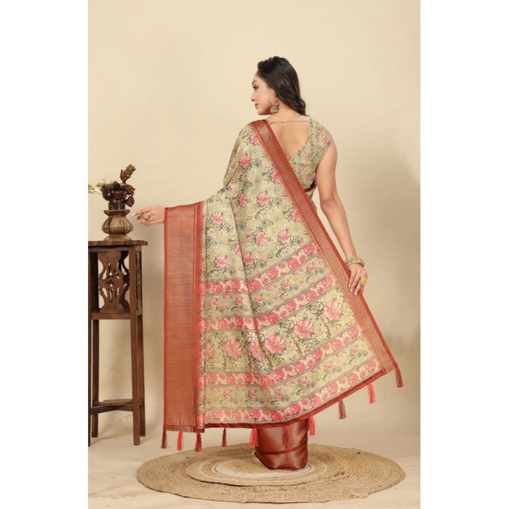 Women's Cotton Silk Floral Printed Saree With Unstitched Blouse 5.5Mtr (Gold)