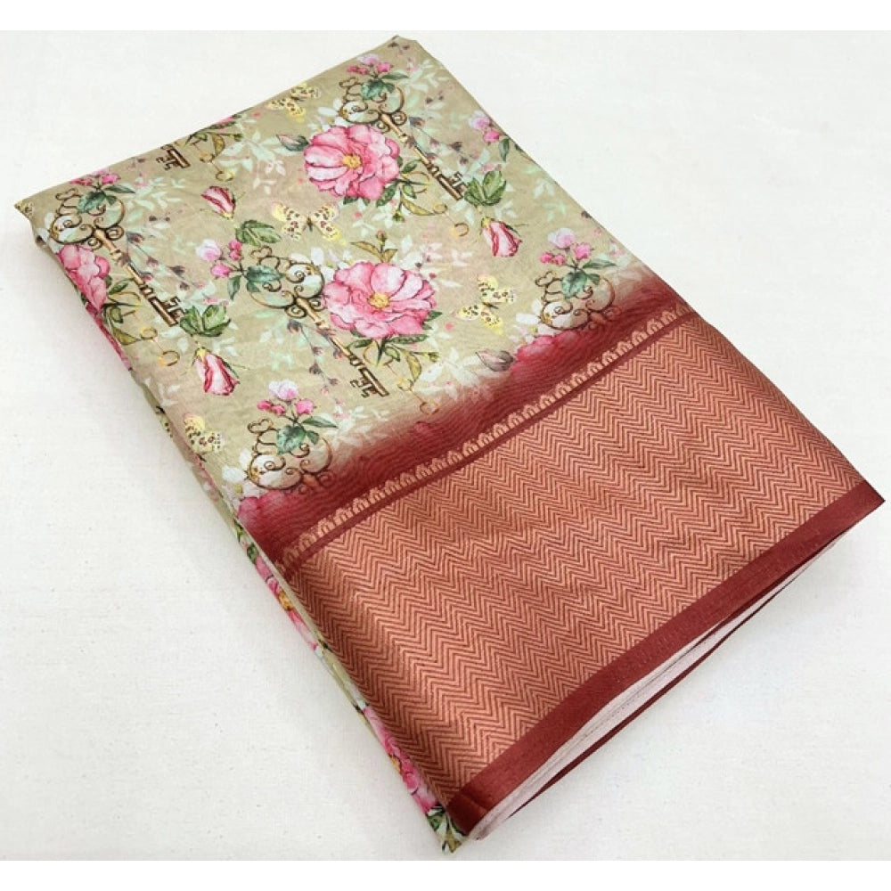 Women's Cotton Silk Floral Printed Saree With Unstitched Blouse 5.5Mtr (Gold)