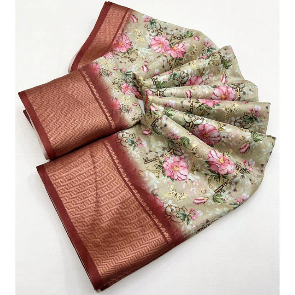 Women's Cotton Silk Floral Printed Saree With Unstitched Blouse 5.5Mtr (Gold)