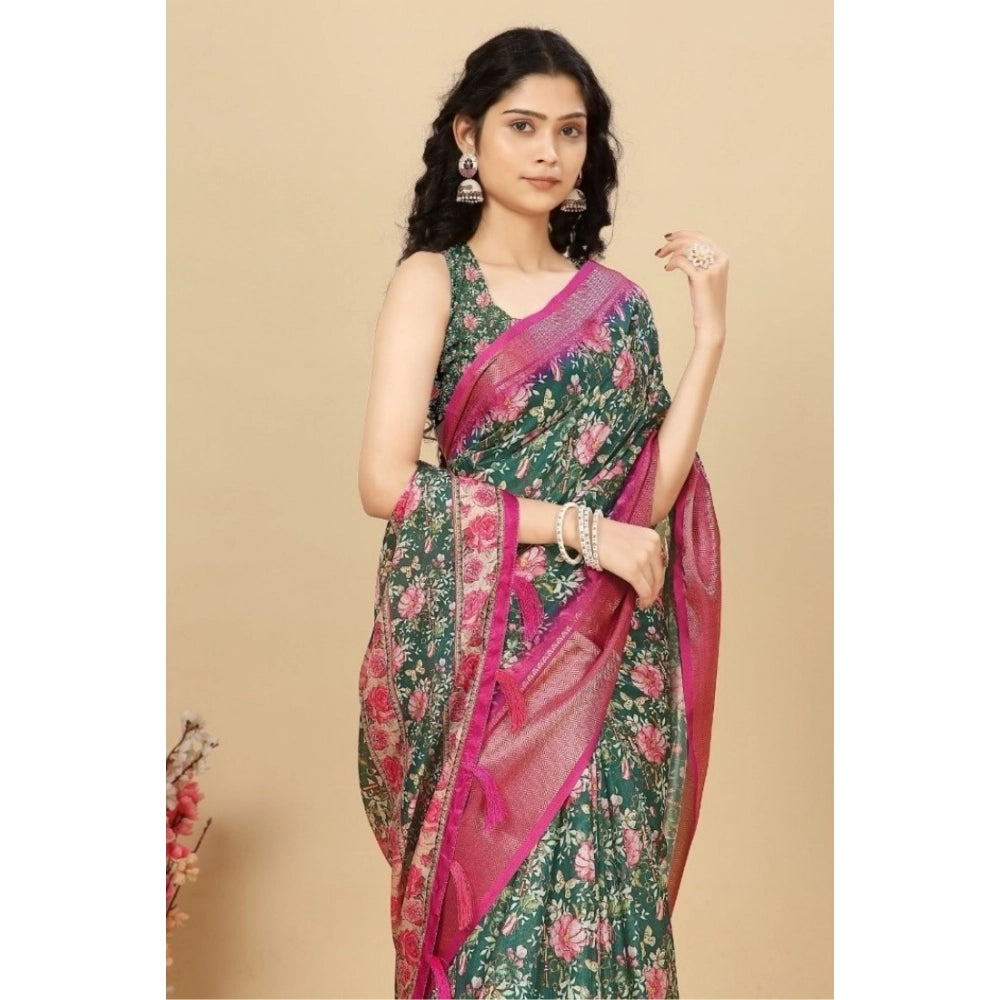 Women's Cotton Silk Floral Printed Saree With Unstitched Blouse 5.5Mtr (Green)