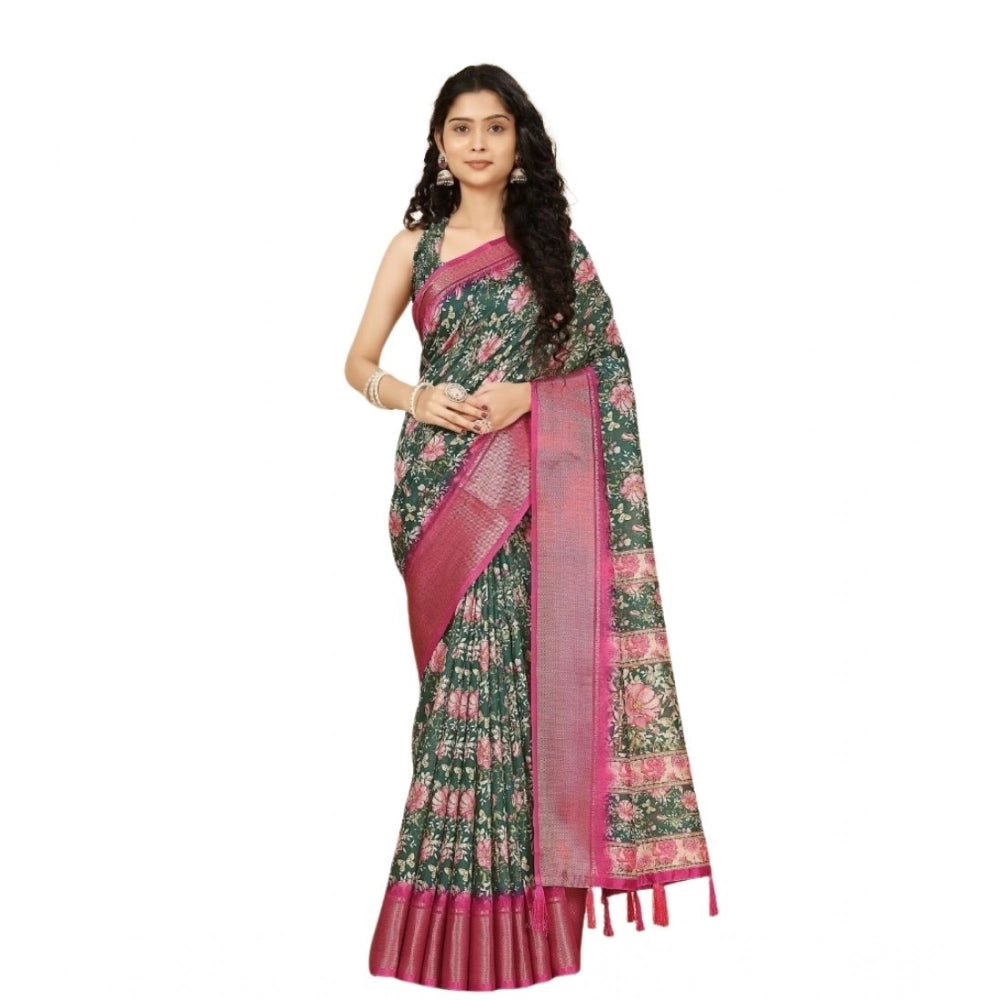 Women's Cotton Silk Floral Printed Saree With Unstitched Blouse 5.5Mtr (Green)