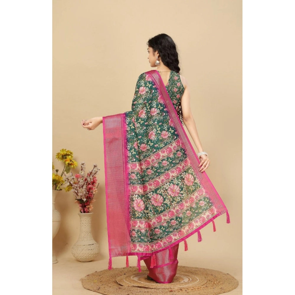 Women's Cotton Silk Floral Printed Saree With Unstitched Blouse 5.5Mtr (Green)