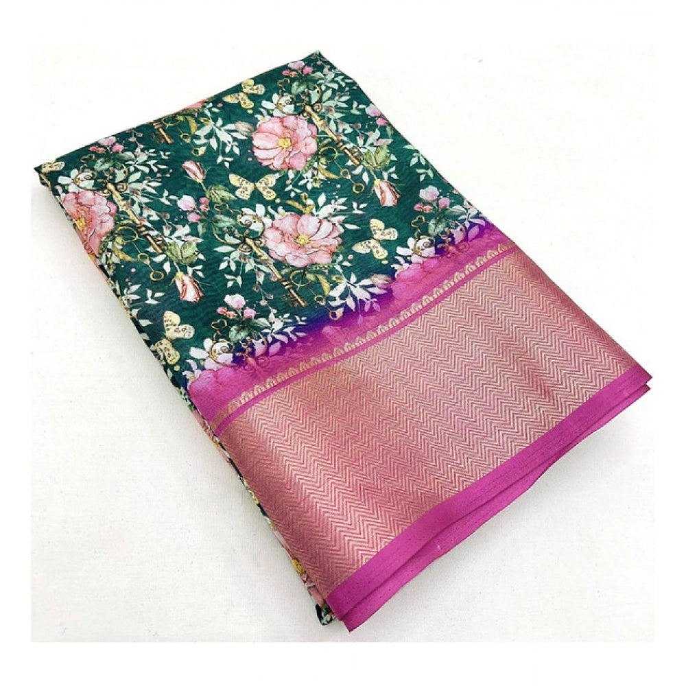 Women's Cotton Silk Floral Printed Saree With Unstitched Blouse 5.5Mtr (Green)