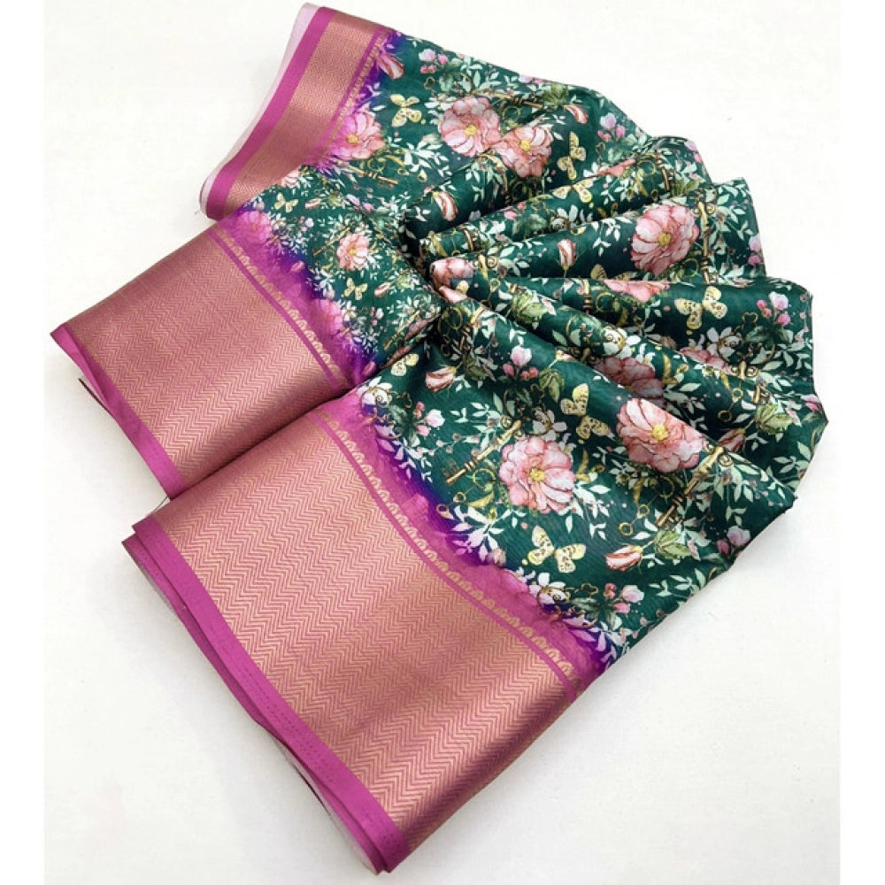 Women's Cotton Silk Floral Printed Saree With Unstitched Blouse 5.5Mtr (Green)