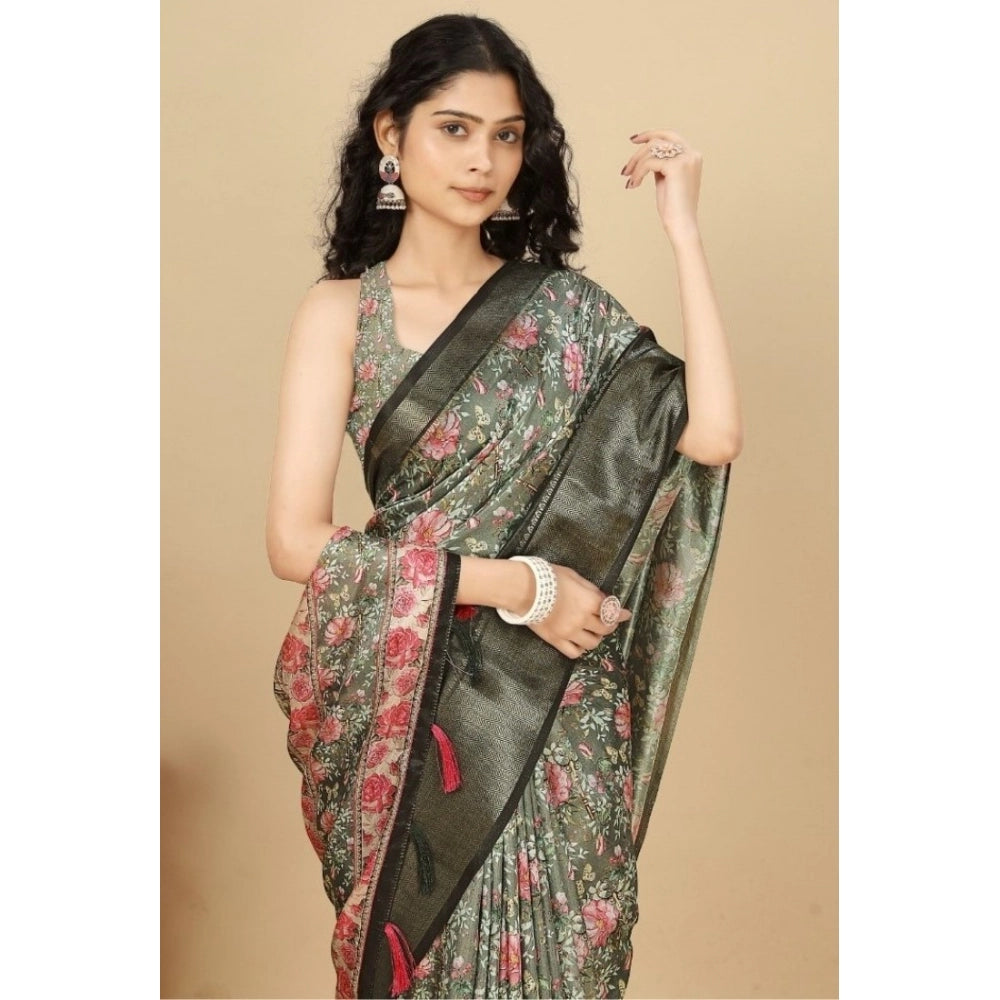 Women's Cotton Silk Floral Printed Saree With Unstitched Blouse 5.5Mtr (Grey)