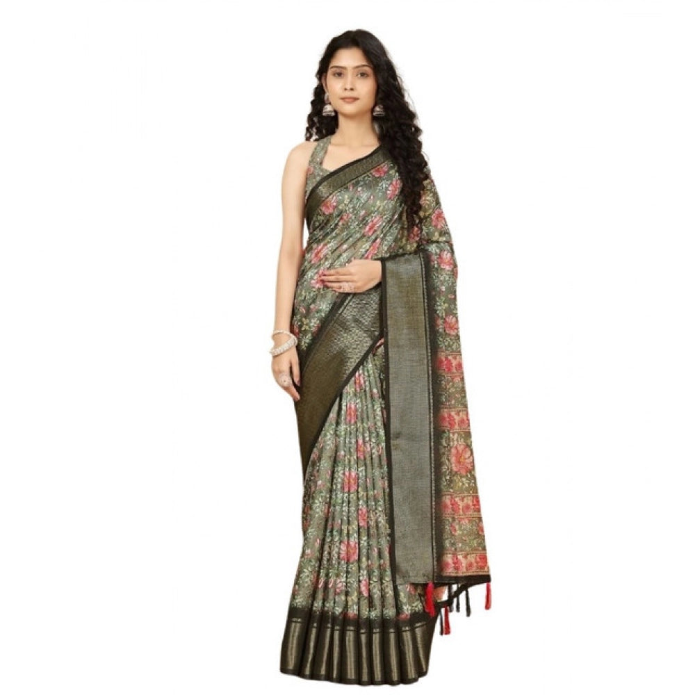Women's Cotton Silk Floral Printed Saree With Unstitched Blouse 5.5Mtr (Grey)