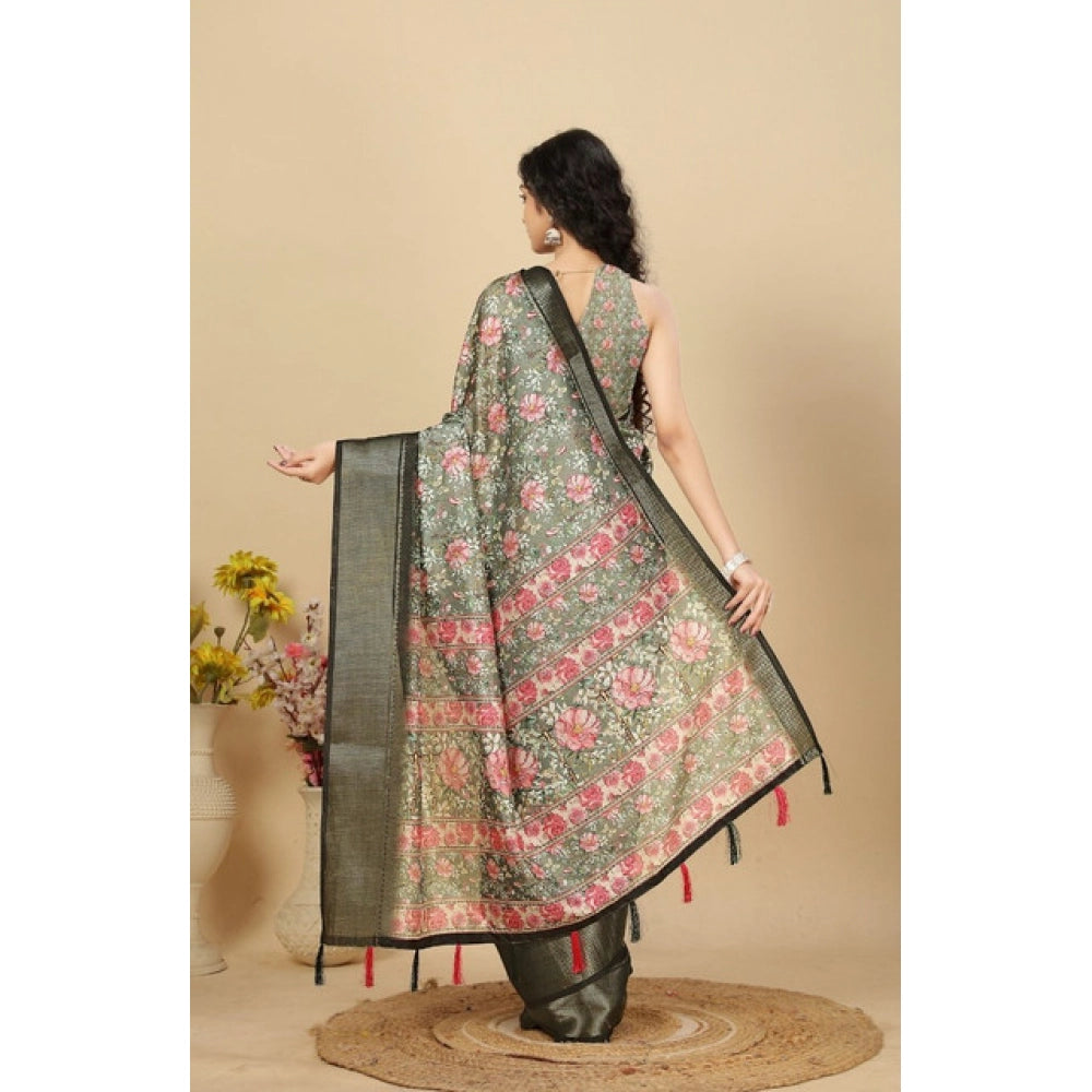 Women's Cotton Silk Floral Printed Saree With Unstitched Blouse 5.5Mtr (Grey)