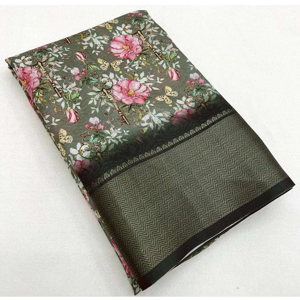 Women's Cotton Silk Floral Printed Saree With Unstitched Blouse 5.5Mtr (Grey)