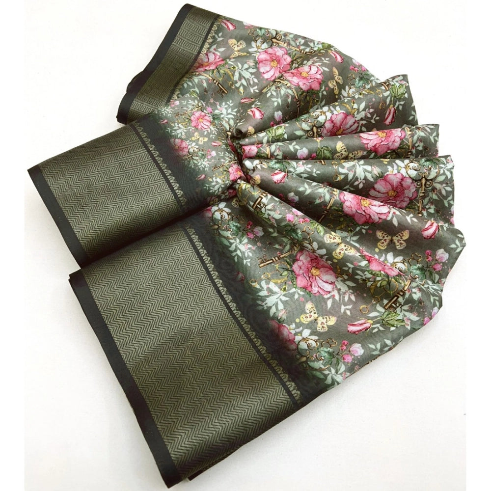 Women's Cotton Silk Floral Printed Saree With Unstitched Blouse 5.5Mtr (Grey)