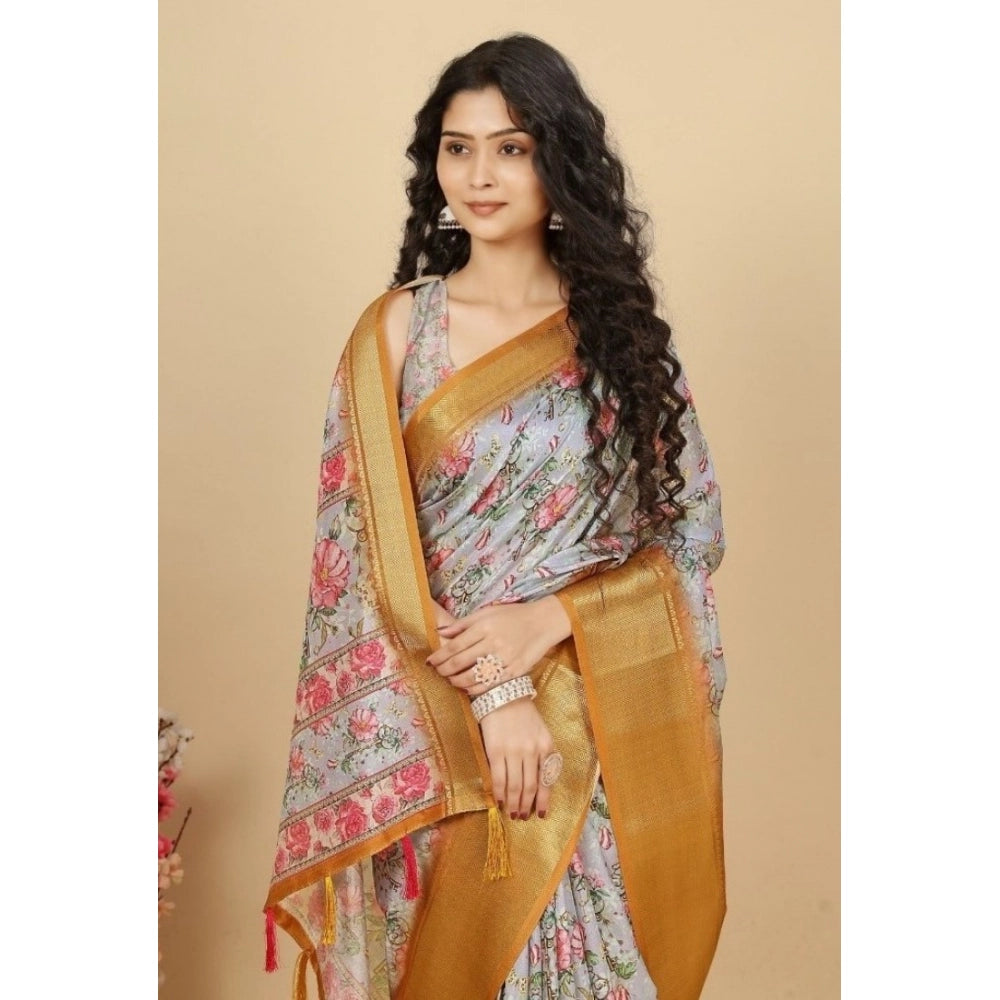 Women's Cotton Silk Floral Printed Saree With Unstitched Blouse 5.5Mtr (Lavender)