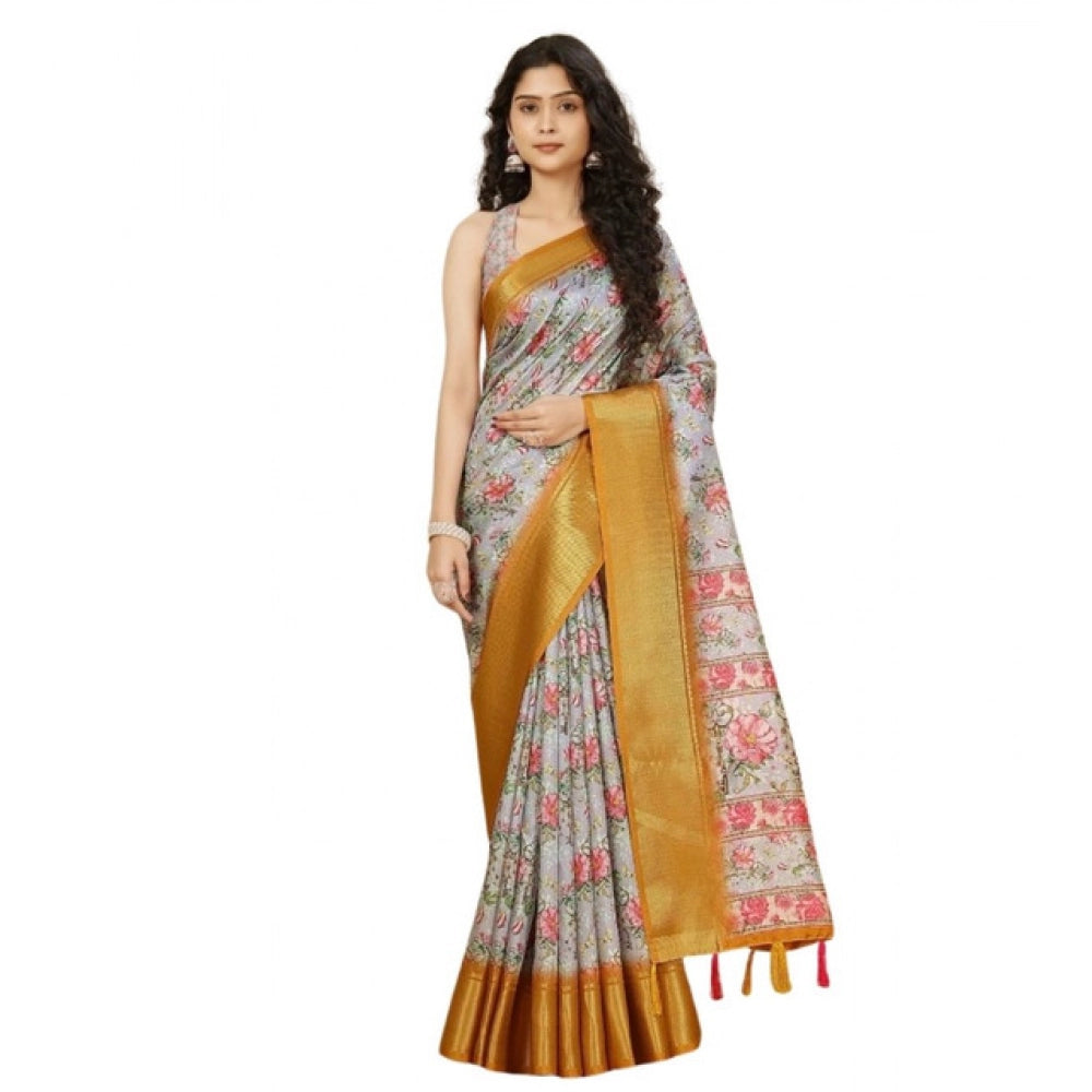 Women's Cotton Silk Floral Printed Saree With Unstitched Blouse 5.5Mtr (Lavender)