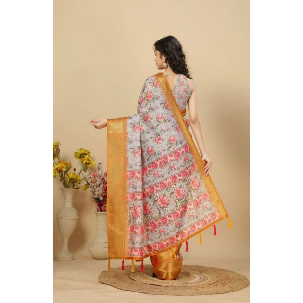 Women's Cotton Silk Floral Printed Saree With Unstitched Blouse 5.5Mtr (Lavender)