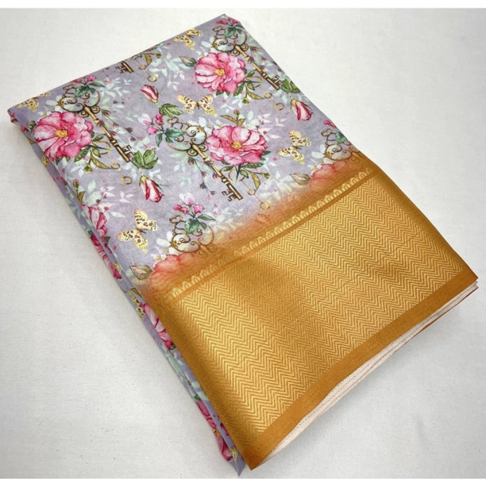 Women's Cotton Silk Floral Printed Saree With Unstitched Blouse 5.5Mtr (Lavender)