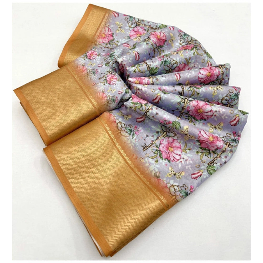 Women's Cotton Silk Floral Printed Saree With Unstitched Blouse 5.5Mtr (Lavender)