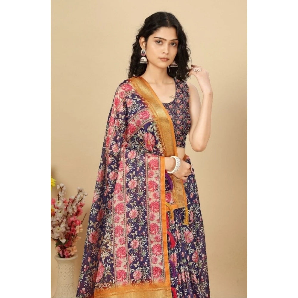 Women's Cotton Silk Floral Printed Saree With Unstitched Blouse 5.5Mtr (Purple)