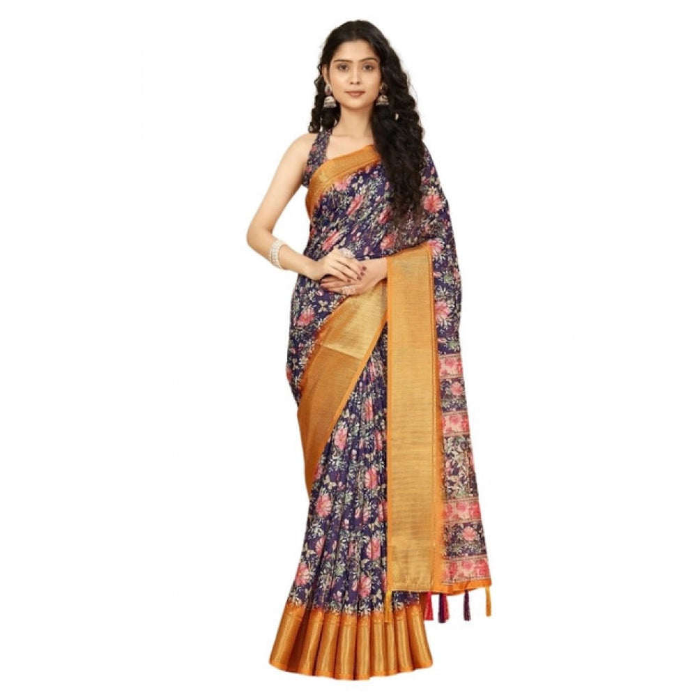 Women's Cotton Silk Floral Printed Saree With Unstitched Blouse 5.5Mtr (Purple)