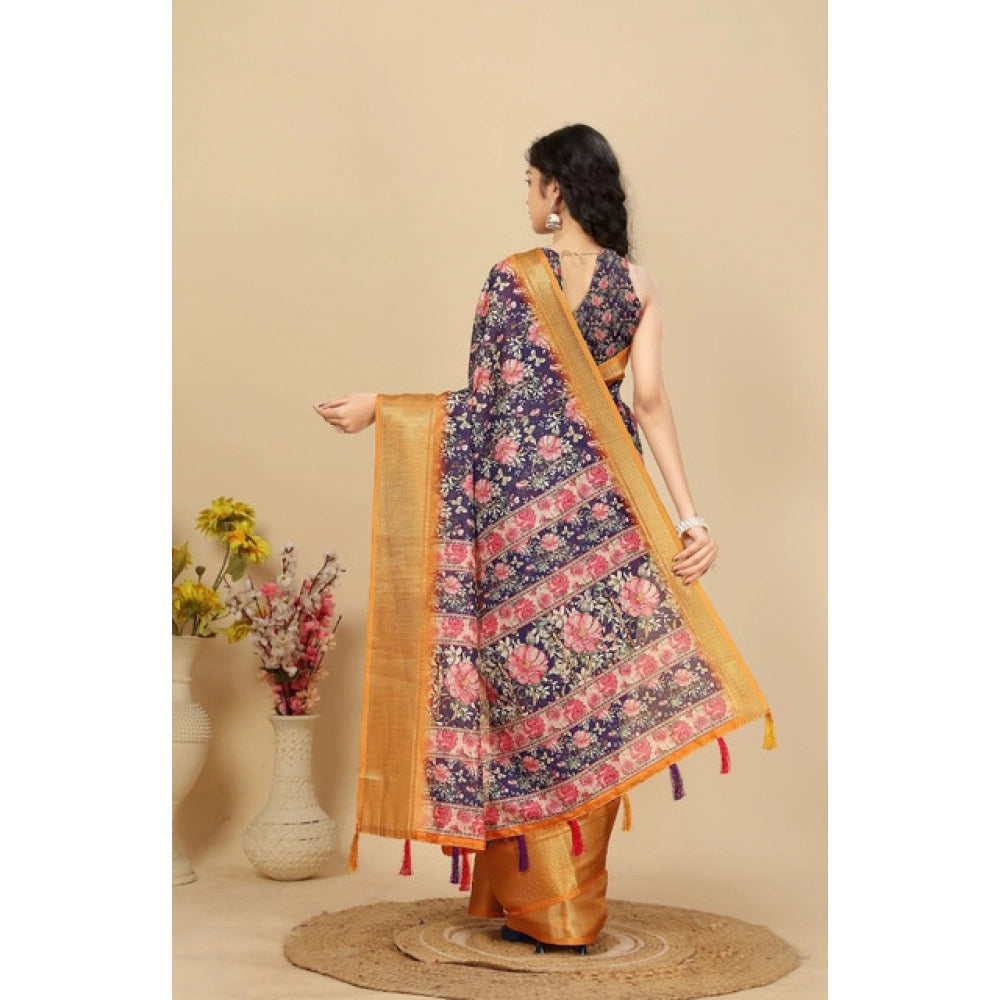 Women's Cotton Silk Floral Printed Saree With Unstitched Blouse 5.5Mtr (Purple)