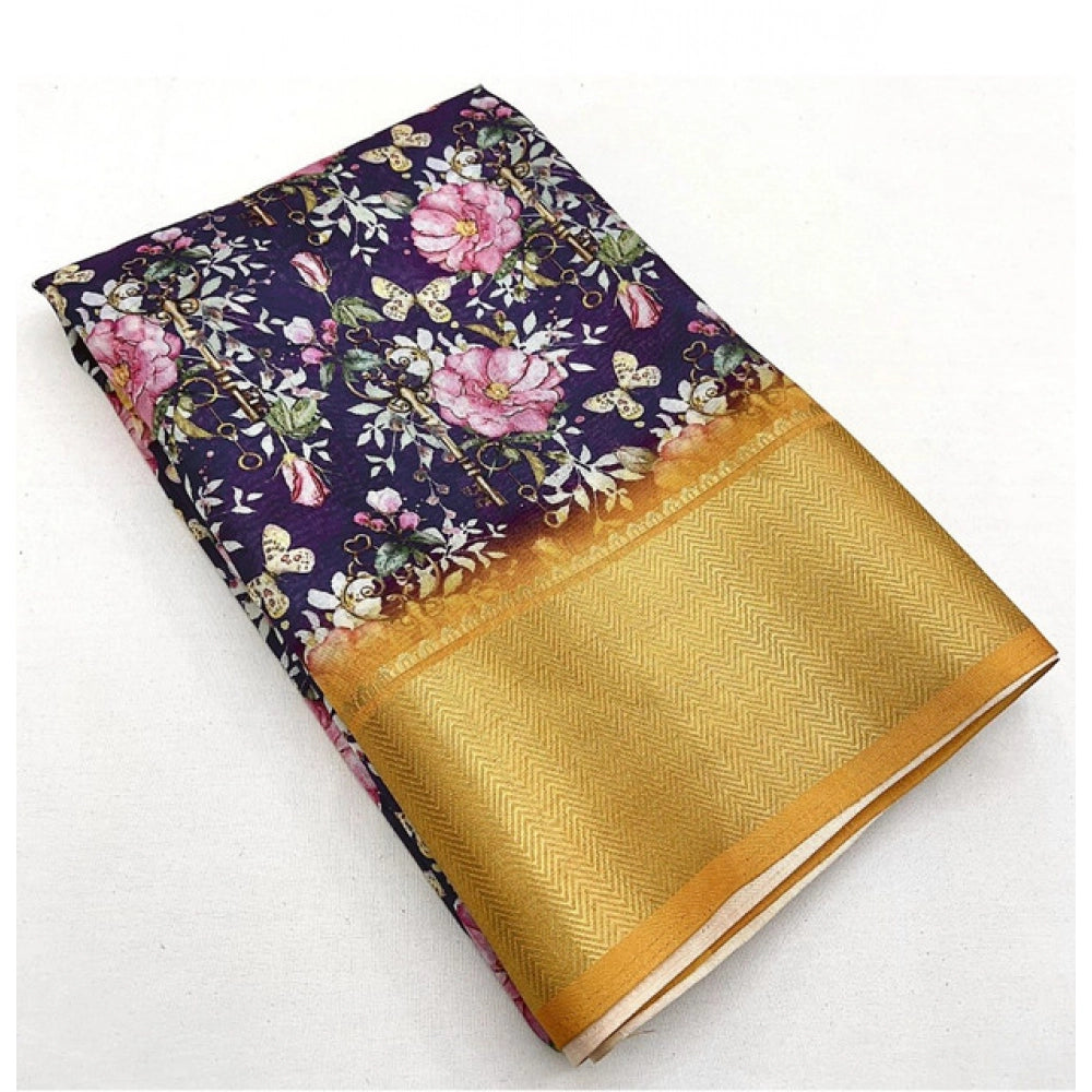 Women's Cotton Silk Floral Printed Saree With Unstitched Blouse 5.5Mtr (Purple)