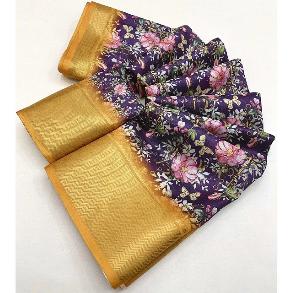 Women's Cotton Silk Floral Printed Saree With Unstitched Blouse 5.5Mtr (Purple)