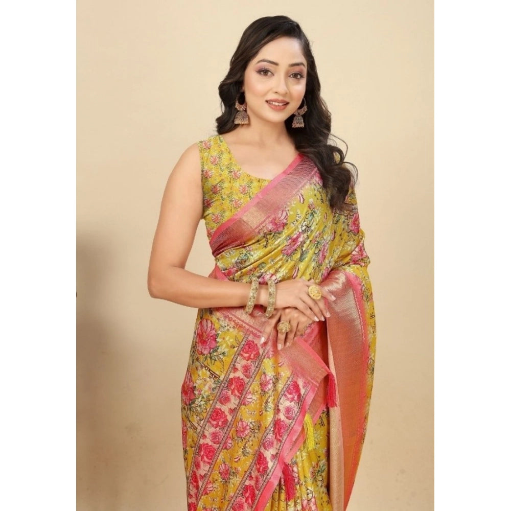 Women's Cotton Silk Floral Printed Saree With Unstitched Blouse 5.5Mtr (Yellow)