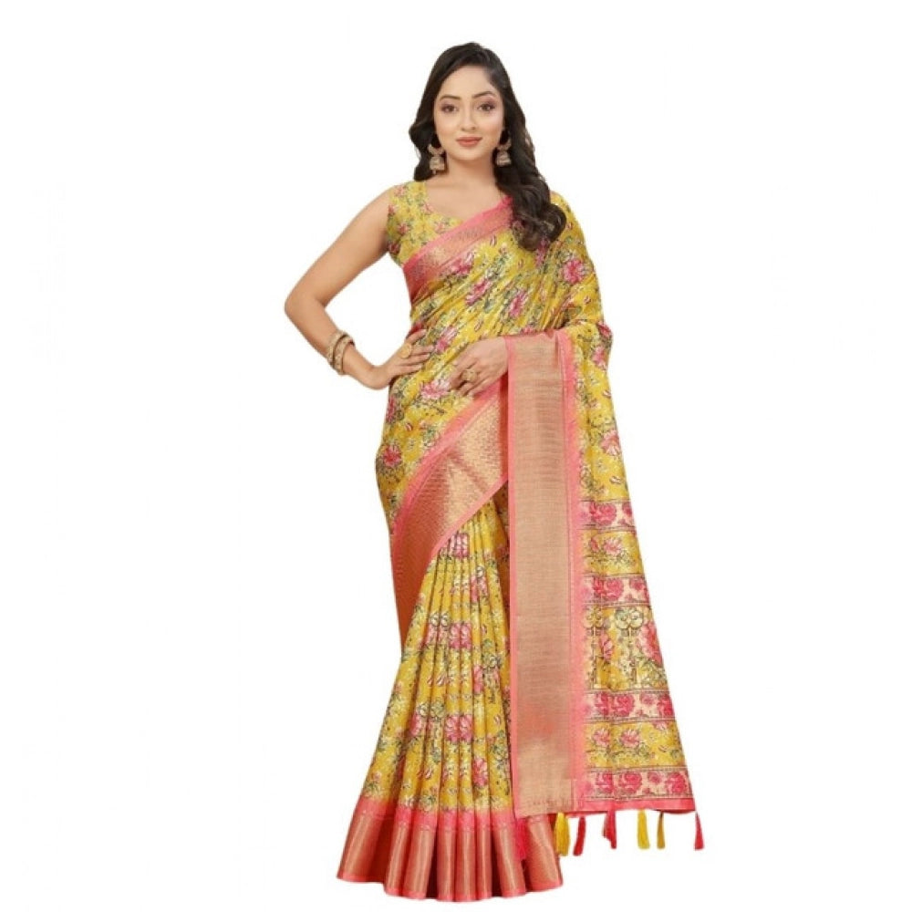 Women's Cotton Silk Floral Printed Saree With Unstitched Blouse 5.5Mtr (Yellow)