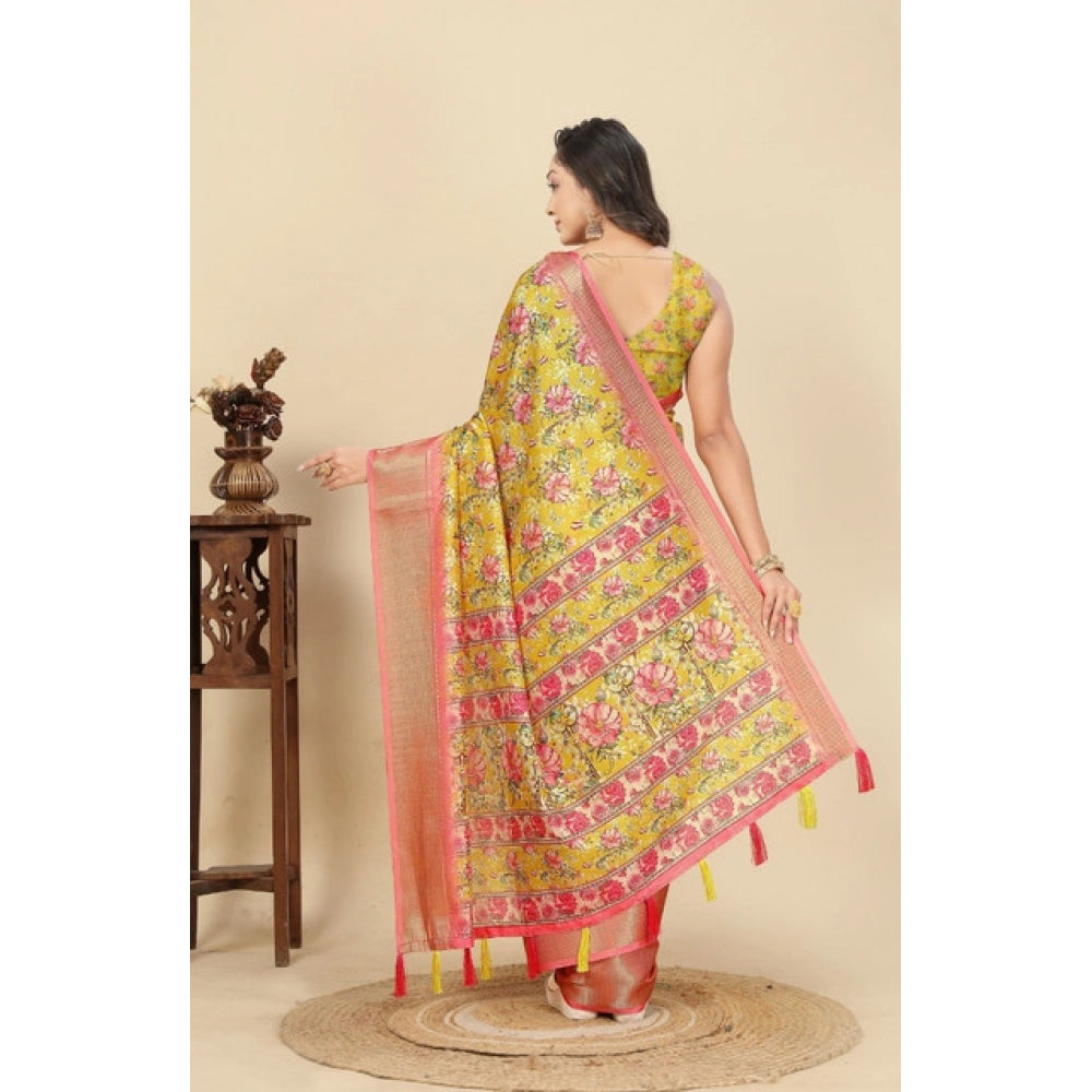 Women's Cotton Silk Floral Printed Saree With Unstitched Blouse 5.5Mtr (Yellow)