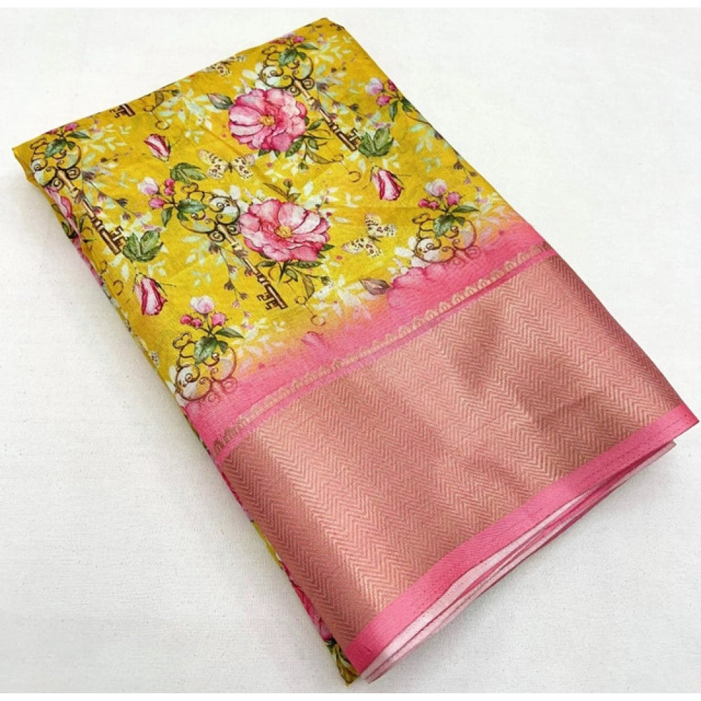 Women's Cotton Silk Floral Printed Saree With Unstitched Blouse 5.5Mtr (Yellow)