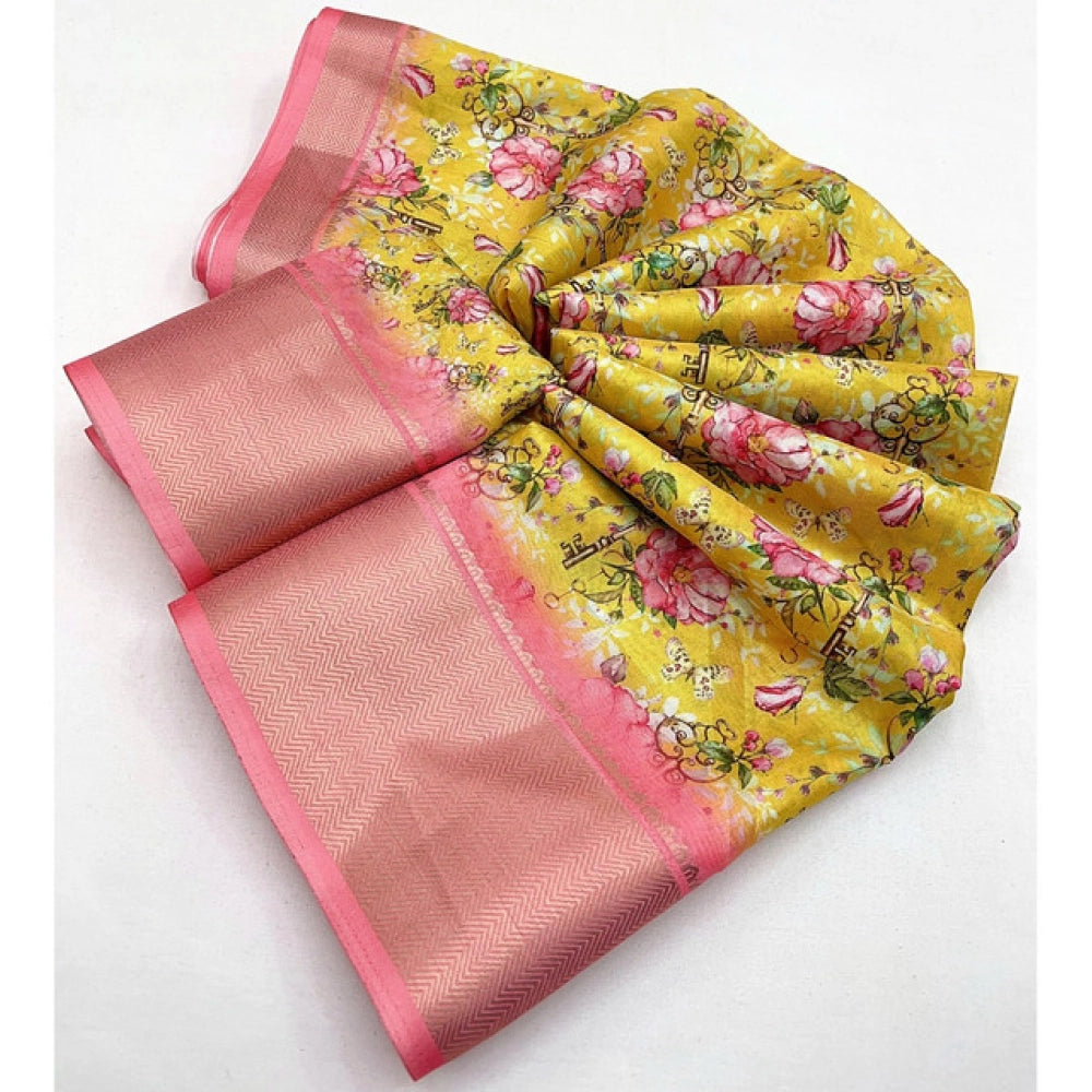Women's Cotton Silk Floral Printed Saree With Unstitched Blouse 5.5Mtr (Yellow)