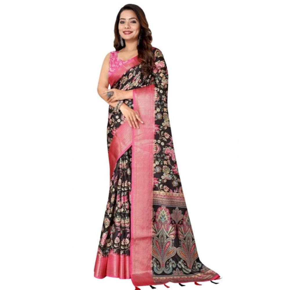 Women's Cotton Silk Floral Printed Saree With Unstitched Blouse 5.5Mtr (Multicolor)