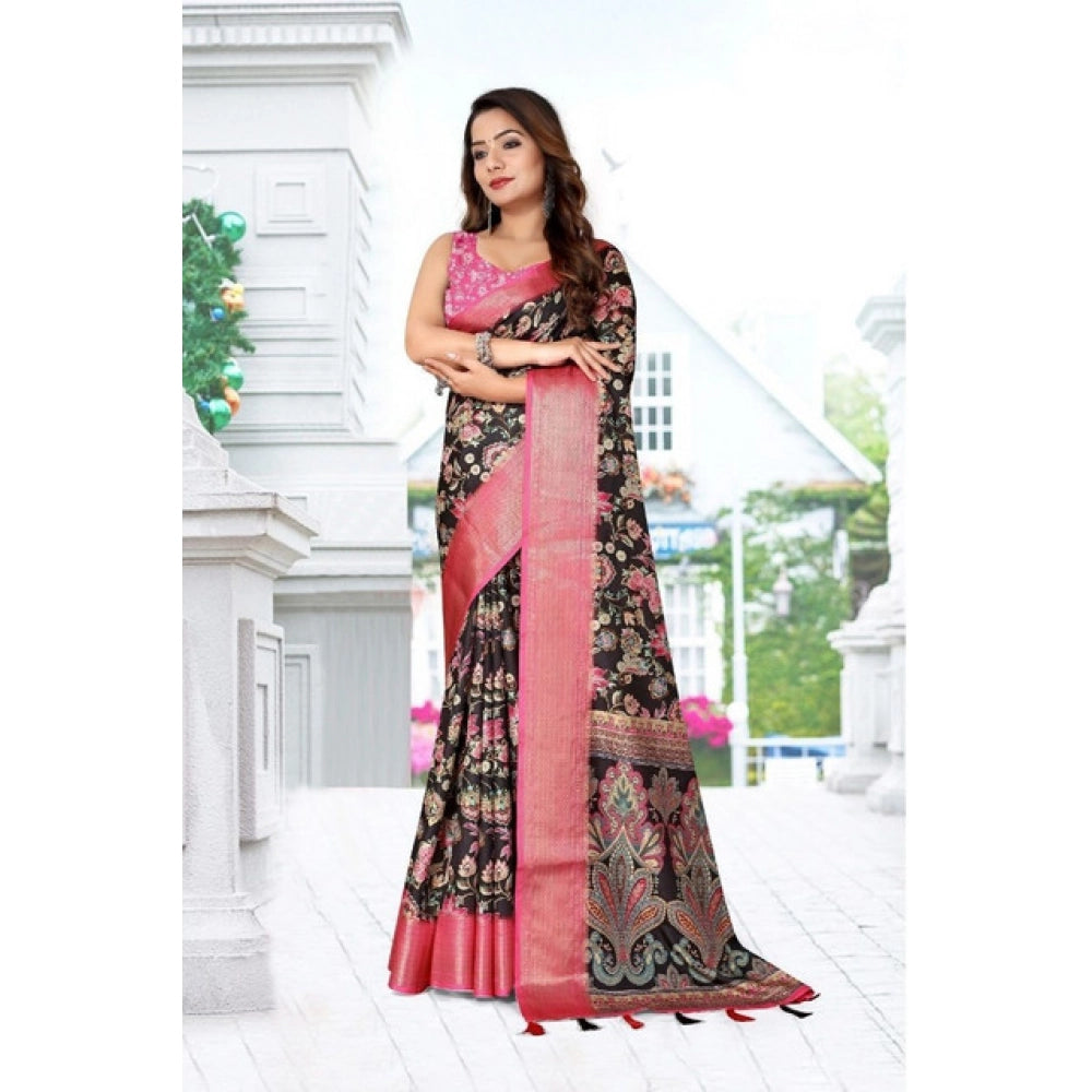Women's Cotton Silk Floral Printed Saree With Unstitched Blouse 5.5Mtr (Multicolor)