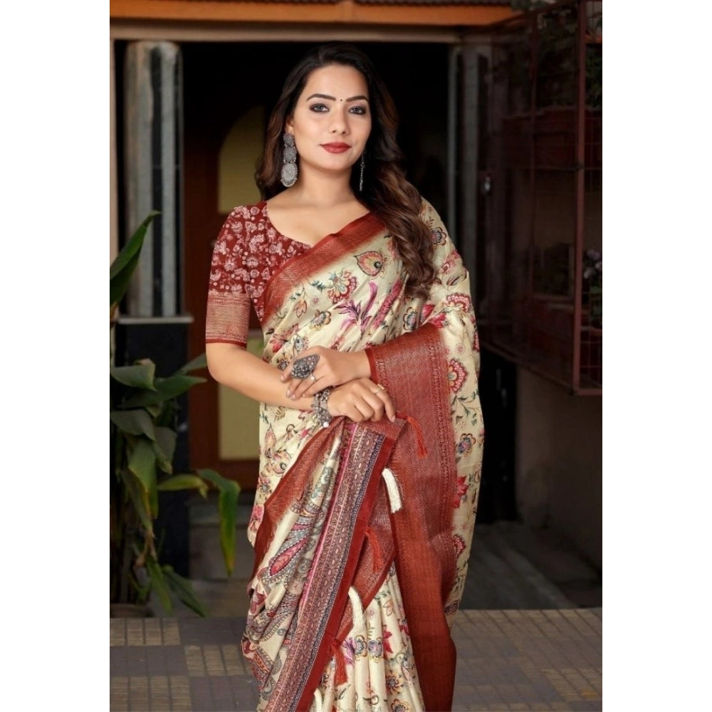 Women's Cotton Silk Floral Printed Saree With Unstitched Blouse 5.5Mtr (Gold-Brown)