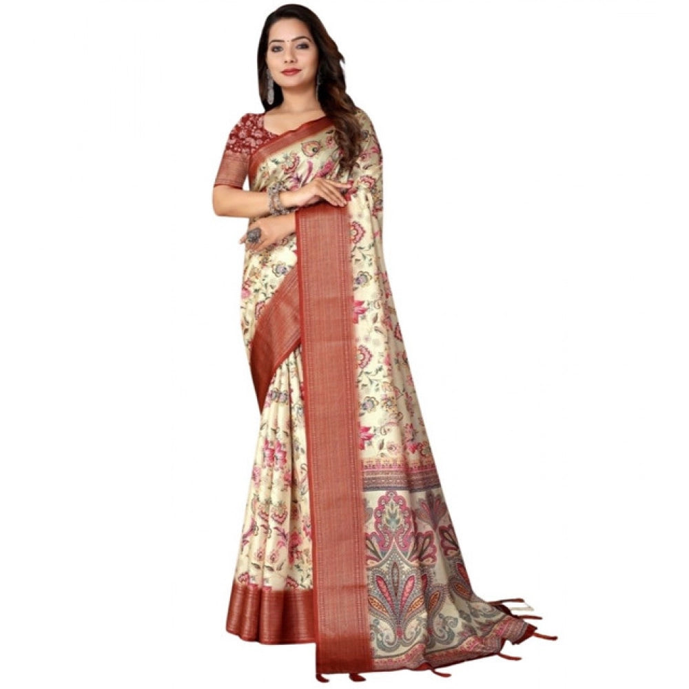 Women's Cotton Silk Floral Printed Saree With Unstitched Blouse 5.5Mtr (Gold-Brown)