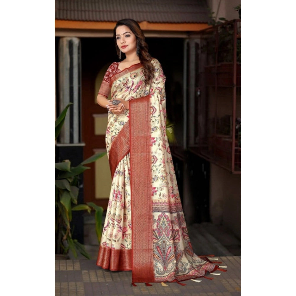 Women's Cotton Silk Floral Printed Saree With Unstitched Blouse 5.5Mtr (Gold-Brown)
