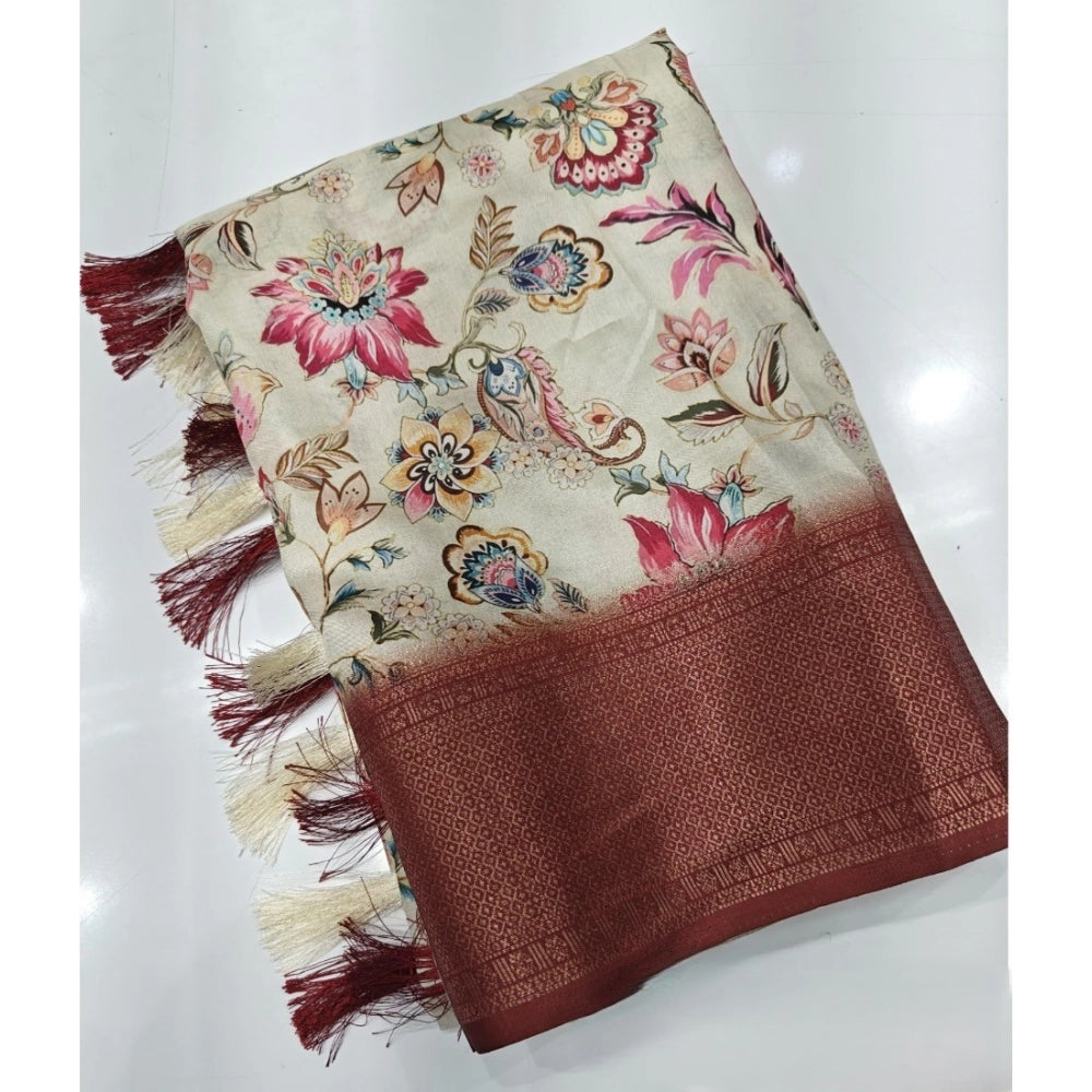 Women's Cotton Silk Floral Printed Saree With Unstitched Blouse 5.5Mtr (Gold-Brown)